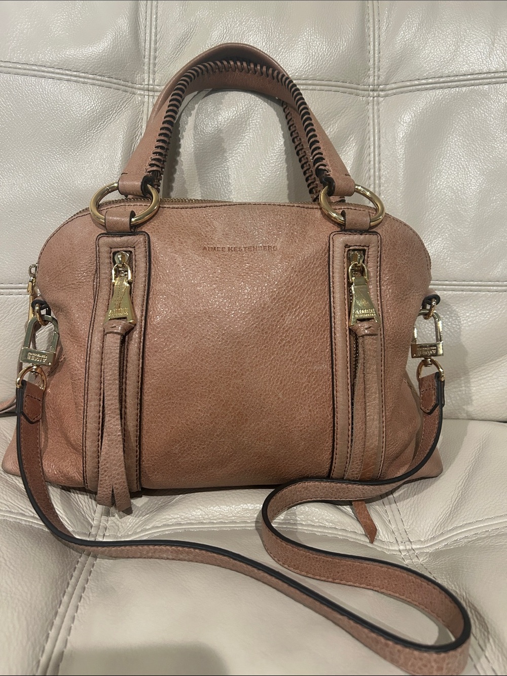 Anne Klein Blush Brown Leather Satchel with Crossbody Strap